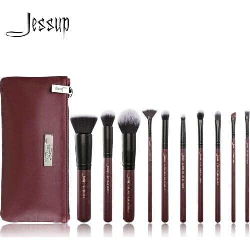 Jessup brushes 10pcs Plum/Black Makeup brushes set beauty Make up brush Concealer & 1PC Cosmetic bag women