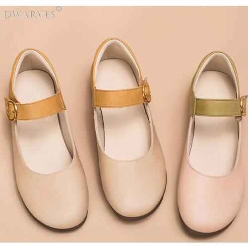 Handmade Leather Flat Mary Jane Shoes For Womens Round Toe Apricot/Pink