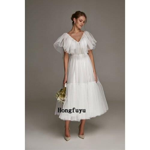 Beautiful Tulle Short Wedding Dress 2021 Deep V-neck Puffy Sleeve A-Line Bridal Gowns Custom Made New Style Свадебное платье