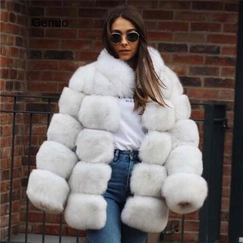 High Quality Outwear Stand Collar Thick Warm Winter Overcoatswomen Luxury Fake Fox Fur Jacket Flurry Women Faux Fox Fur Coats