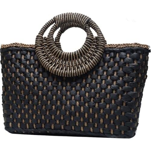 M68C Bohemian Women Summer Beach Woven Straw Handbag with Round Top Handle Travel Vacation Weave Braided Zipper Large Tote Bag