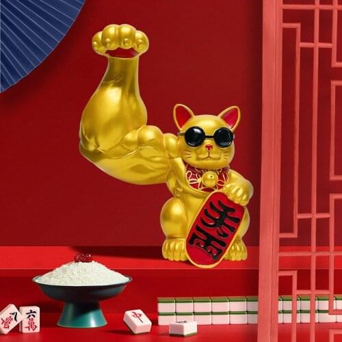 Muscle Arm Lucky Cat Ornaments Golden Resin Crafts Living Room Cute Animal Small Decoration Gift Creative Modern Home Decoration