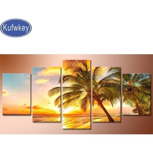 5 Panel Diamond embroidery Modern decor"Sunrise Coconut Tree"mosaic diamond painting full square/round drill,New gift