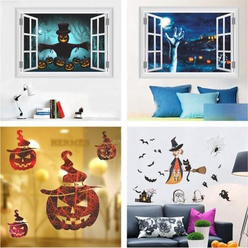 Halloween Wall Stickers Home Decoration Diy Pumpkin Lantern Witch Ghost Bat Tomb Pattern 3d Window Hole Mural Art Pvc Wall Decal