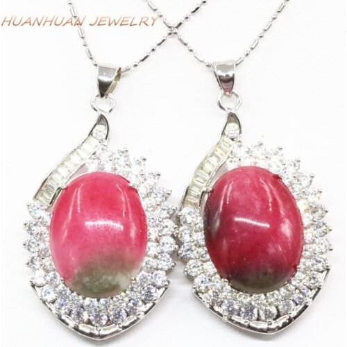 Natural Jades Stone Pendant Silver-Color Stainless Steel Necklace & Pendants For Women 29x46mm Crystal Chalcedony Jewelry B3318