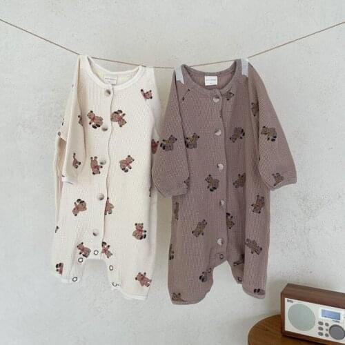 2021 New Baby Boy Romper Waffle Cotton Infant Clothes Cute Bear Print Jumpsuit For Baby Girl Outfits Autumn Long Sleeve Clothing