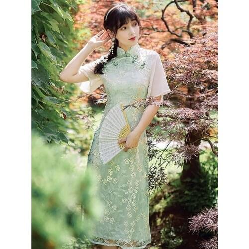 2021 Summer New Womens Chinese Style Retro Mesh Embroidery Side Slit Cheongsam Dress Girl Literary Young Mid-Length Dress