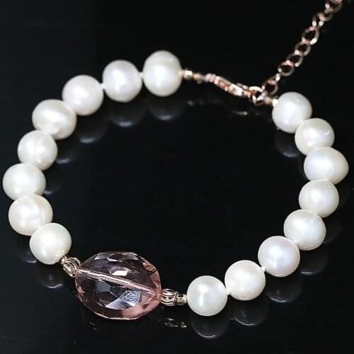Newly white natural freshwater 9-10mm pearl round beads oval crystal unique diy bracelet jewelry B1407