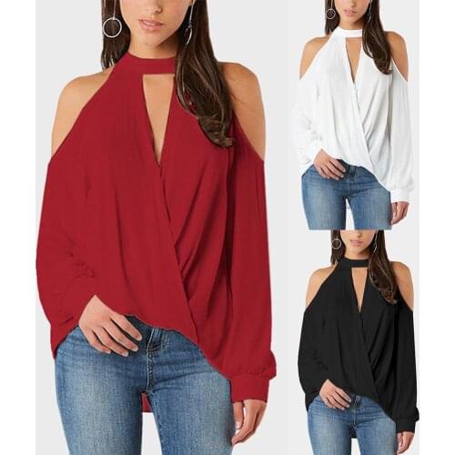 Autumn Sexy Women Solid Color Cold Shoulder Halter V Neck Long Sleeve Blouse All-match Nylon/ Polyester/Spandex Womens Blouse