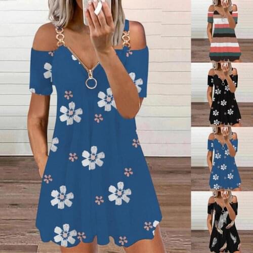 Metal Ring Sling Sundress Horizontal Stripe Print Zipper Dress for Party