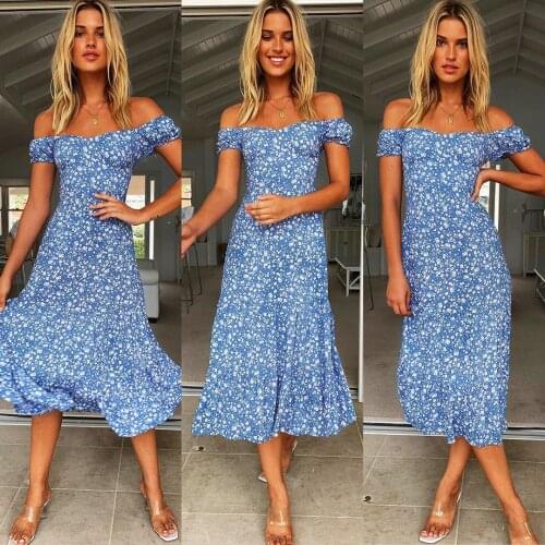 Sexy Floral Print Women Dress Fashion Off-Shoulder Short Sleeve Maxi Party Dresses Summer Bodycon Beach Long Dress Vestidos