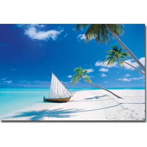 Tropical Beach Sea Waves Art Canvas Poster Print Sailing Boat Landscape Wall Picture Home Living Room Decor