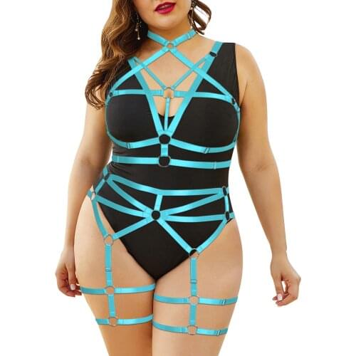 Plus Size Women Body Harness Set Hanging Neck Hollow Bondage Suspenders Bodysuit Sexy Underwear Goth Festival Rave Clothes Bdsm