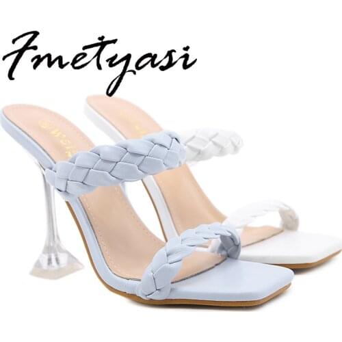 Crystal Sandals Summer Fashion Design Weave Women High Heels Transparent Strange Ladies Slides Open Toe Shoes Shallow Slip-on