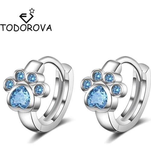 Todorova Cute Lovely Dog Cat Paw Footprint Hoop Earrings Blue Cubic Zircon Earrings for Women Wedding Engagement Jewelry