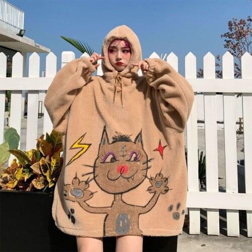 Cat Hoodies Cute Pullover KPOP Big Size Sweatshirt Women Oversize Sleeve Sweatshirts Individual Girl Sweatshirt For Women 2021