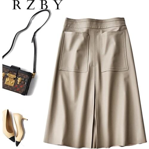Women Leather Genuine Skirt Natural Real Sheepskin Female Jupe Autumn And Winter 2021 High Waist A-line Midi 여자 스커트 RZBY288