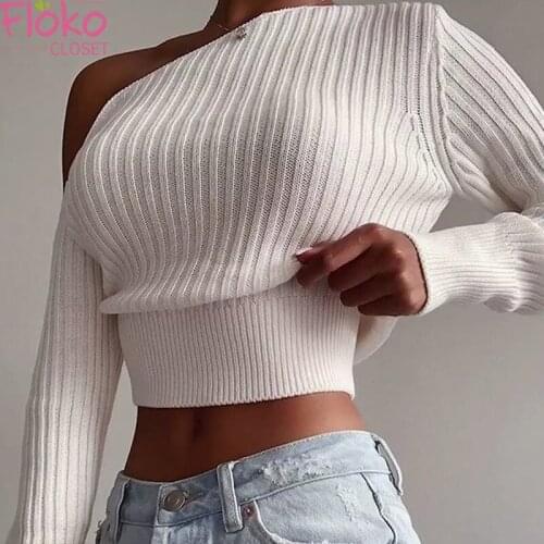 Flokocloset Sexy Solid Off Shoulder Knitted Sweater Casual Diagonal Collar Long Sleeve Streetwear Pullovers Women Crop Tops