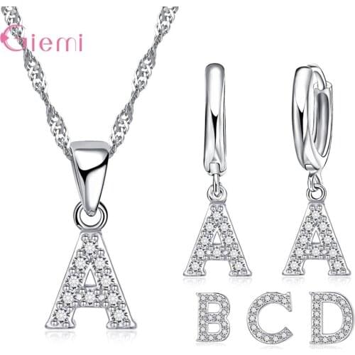 26 Letter Jewelry Set Alphabet Link Chain Cubic Zircon Pendant Necklace Earrings for Women 925 Sterling Silver Jewelry Sets