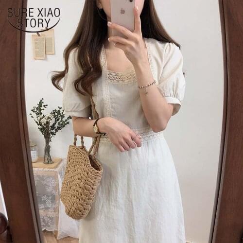 2021 Vintage Maxi Dress Vestidos Cotton And Linen Summer Dress Korean Solid Short Sleeve Medium-Length Dresses Women 8943 50