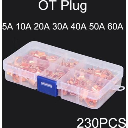 230pcs OT Open Cable Wire Terminal Euro Terminal Block Connector Copper Lugs 5/10/20/30/40/50/60A with Box