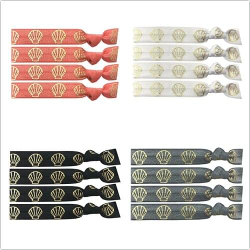 12 Colors 40pcs Sea Shell Conch Gold Foil Printed Elastic Hair Band Hair Tie FOE Ribbon Hairband Ponytail Holder Hair Accessory