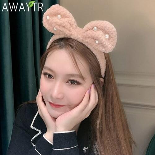 AWAYTR Velvet Bear Ear Hairband Fleece Winter Headband Solid Bow Pearl Hair Hoop Headdress Girl Women Hair Accessories Head band