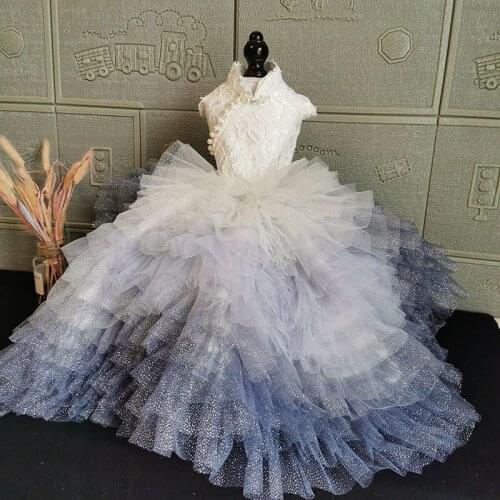 Free Shipping Handmade Dog Clothes Dog Dress Fairy-Tale White Lace Gray-Blue Gradient Tulle Skirt Chapel Train Pet Trailing Gown