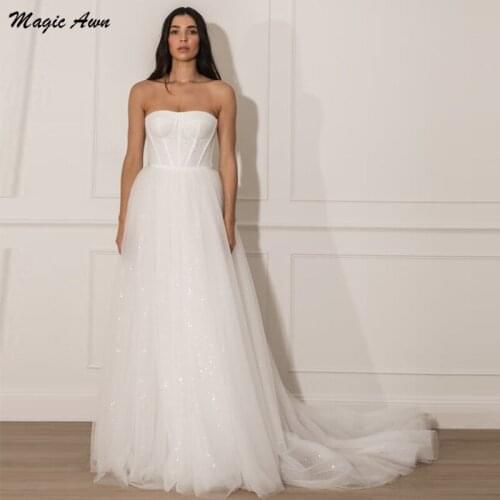 Magic Awn Shiny Beach Wedding Dresses 2021 Strapless Simple Boho Glitter Sleeveless Country Wedding Party Dress Customized Robes