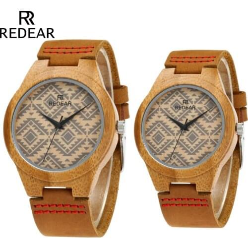 REDEAR Free shipping Lovers Bamboo Watches Retro Special Wavy Lines Women Watch Real Leather Watch Strap Birthday Gifts