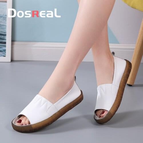 DOSREAL Summer Sandals For Women Real Leather Slip On Peep Toe Soft Women Loafers Confortable Ladies White Shoes Large Size 41