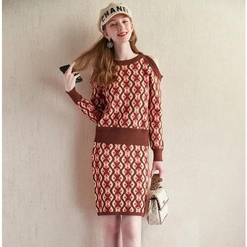 Elegant Hong Kong Style Knitwear Print Two Piece Skirt Wommen Fashion Gentle Soft Sweater Set Autumn O-Neck Contrast Outfit Suit