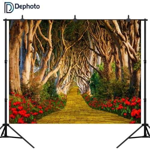 DePhoto Red Flowers Tree road Photography Backdrop computer Printed children wedding party Backgrounds for Photo Studio