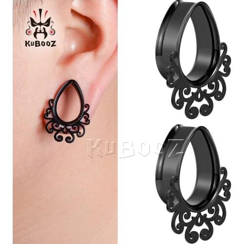 KUBOOZ Popular Trendy Stainless Steel Black Flower Vine Ear Tunnels Gauges Expanders Body Piercing Jewelry Ear Plugs Stretchers