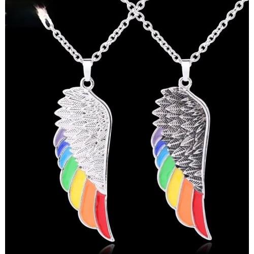 Fashion New Style Rainbow Angel Wing Pendant Necklace Stainless Steel Necklace Mens and Womens Trend Jewelry Birthday Gift