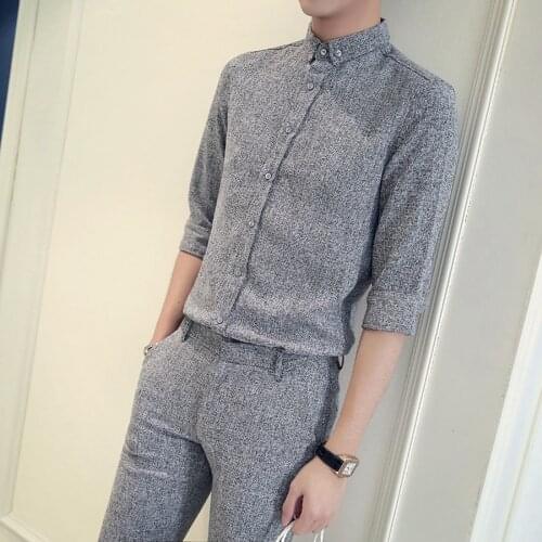 Plus Size Mens Half Sleeve Casual Shirt+ Slim Solid Color Pants Suit Men Two Piece Set Men Clothing