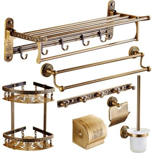 Bathroom Accessories Set Antique Carved Bronze Aluminum Bathroom Accessories Storage Rack Towel Rack Tissue Holder Toilet Brush