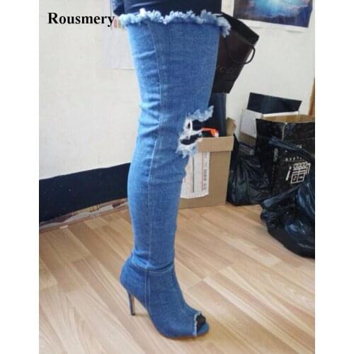 New Popular Women Fashion Open Toe Over Knee Denim Gladiator Boots Cut-out Slim Jean Long High Heel Boots Sexy Boots