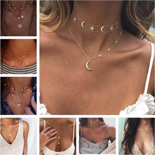 Free Shipping Multilayer Crystal Star Moon Tessal Pendant Choker Necklace Women Vintage Bohemia Beach Shell Pendnats Necklaces