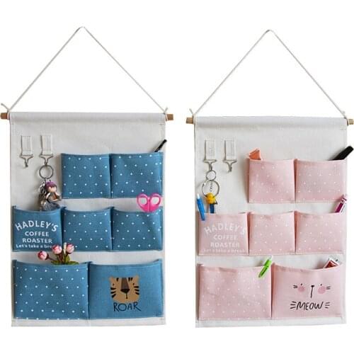 Cotton Linen Hanging Storage Bag 7 Pockets Wall Mounted Wardrobe Hanging Bag Wall Pouch Cosmetic Toys Organizer multi Colors