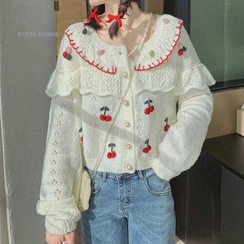 Lovely cherry sweater cardigan female fall winter show thin white hollow out design brief paragraph sweet girl coat