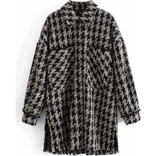Autumn And Winter New Products 2020 Loose Plaid Big Pocket Hem Tassel Cuff Chain Womens Mid-Length Coat