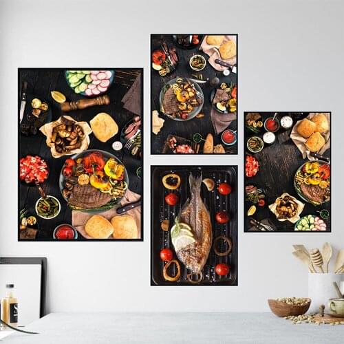 Barbecue Steak Vegetables and Fish Artwork Wall Art Posters and Prints For Home Kitchen Decor Living Room HD Canvas Paintings