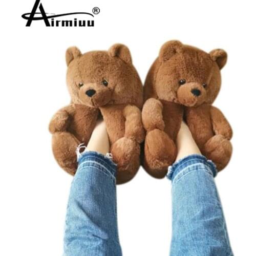 Women Teddy Bear Slippers Winter Warm Home Cotton Shoes Female Cartoon Funny Furry Slippers Non-slip Ladies Fluffy Flip Flops