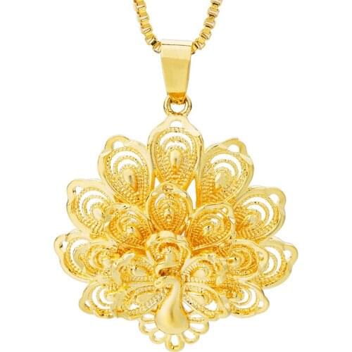 Vintage BOHO Jewelry 100% 24K Gold Peacock Pendant Sweater Necklace Fashion Pendants Necklaces for Women 2018 Wedding Gifts