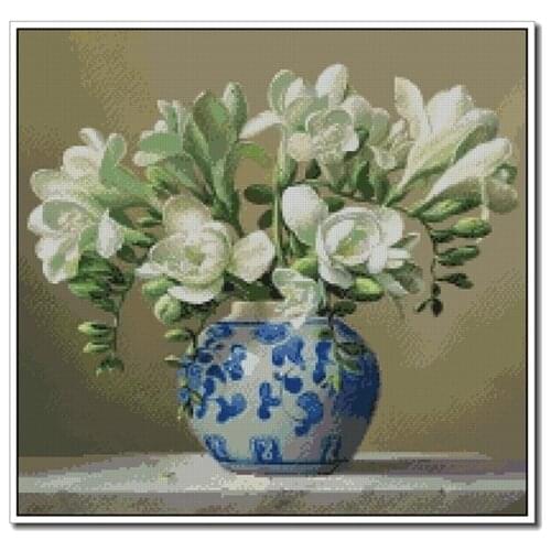 Top Quality 14CT Counted Unprinted Cross Stitch Kits Needlework Embroidery Home Decor Arts Oil Painting White Gardenia Flowers