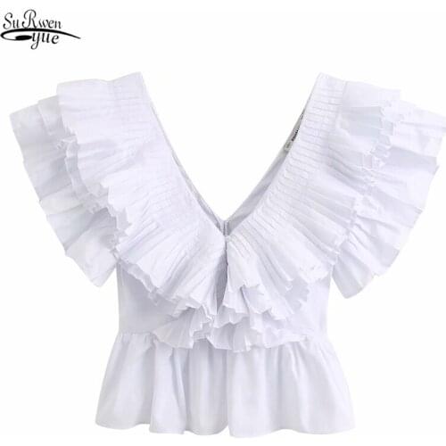 Ladies Chic Butterfly Sleeve Poplin Femininas Shirt Tops New Women Solid V Neck Pleated Ruffles Casual White Smock Blouse 15594