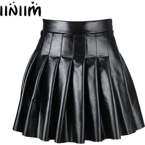Womens High Waist PU Leather Pleated Skirt Ladies Solid Color Side Invisible Zipper A-line Flared Miniskirt for Night Club