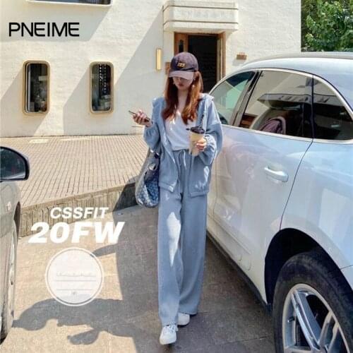 Pure Cotton Womens Sportswear Two-Piece Hooded Jacket Womens Sports Loose Wide Leg Pants Suit Cardigan Tracksuit Women