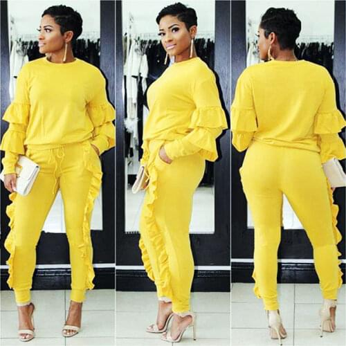 Women Plus Size 3XL Tracksuits Long Sleeve Casual Tops and Pants Suits Two Piece Pants Sets Outfit 8 Colors Ruffled Pant Sets